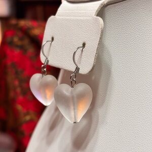 Handmade White Frosted Heart-Shaped Earrings stainless steel earwires 1.5 inches